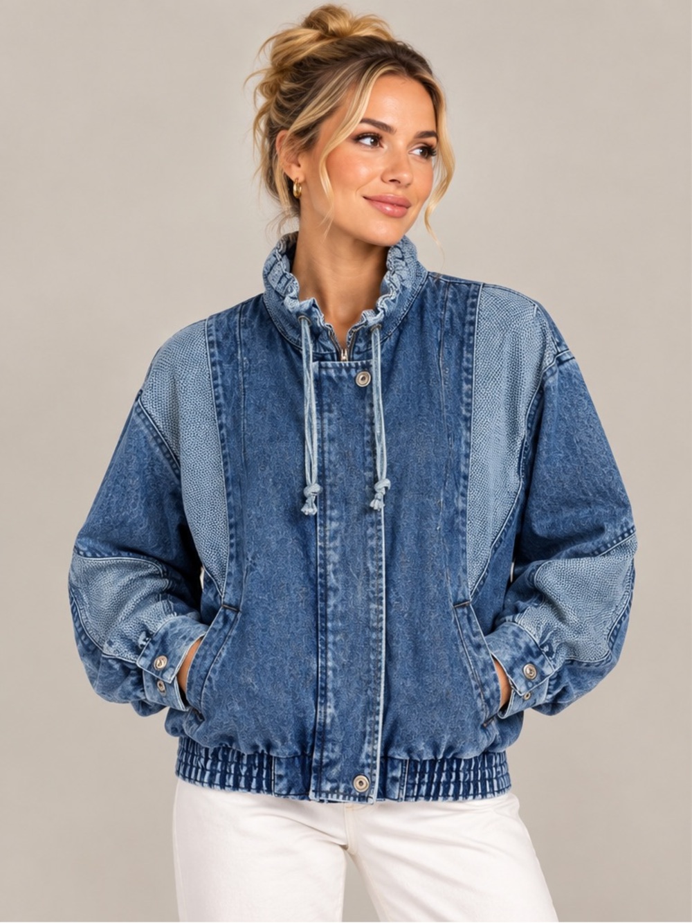 Weathered Blues Jacket Women Size Small Blue Denim Stitch Snap Zipper Pullover